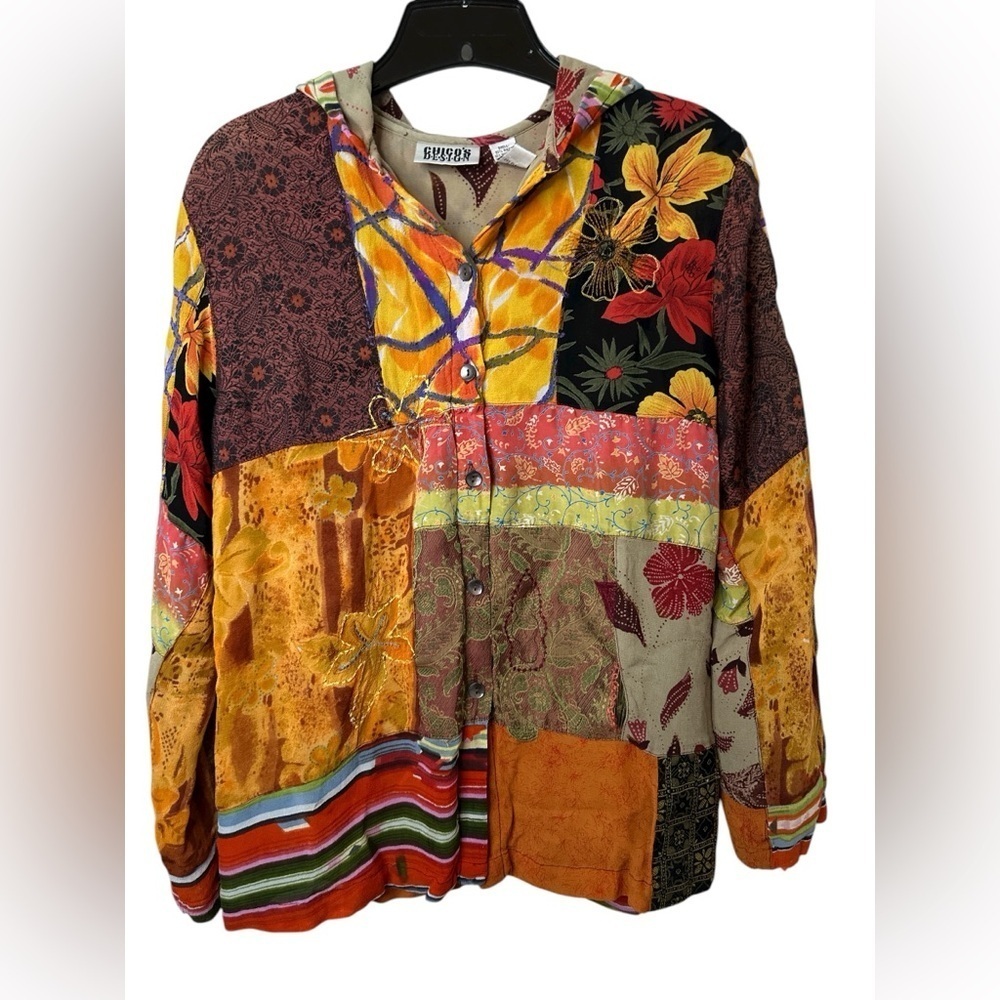 Chico's Design Patchwork Hooded Colorful Floral Print Shirt